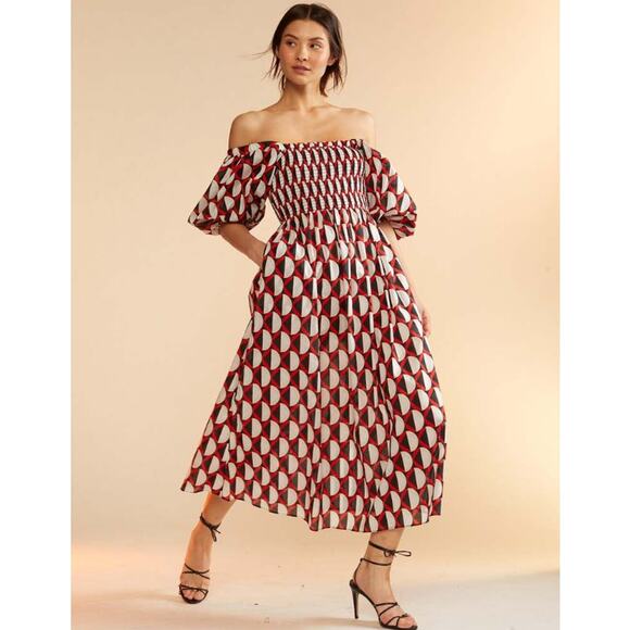 Cynthia Rowley Dresses & Skirts - Cynthia Rowley Caprice Midi Dress Off The Shoulder Puff Sleeve Smocked Geometric